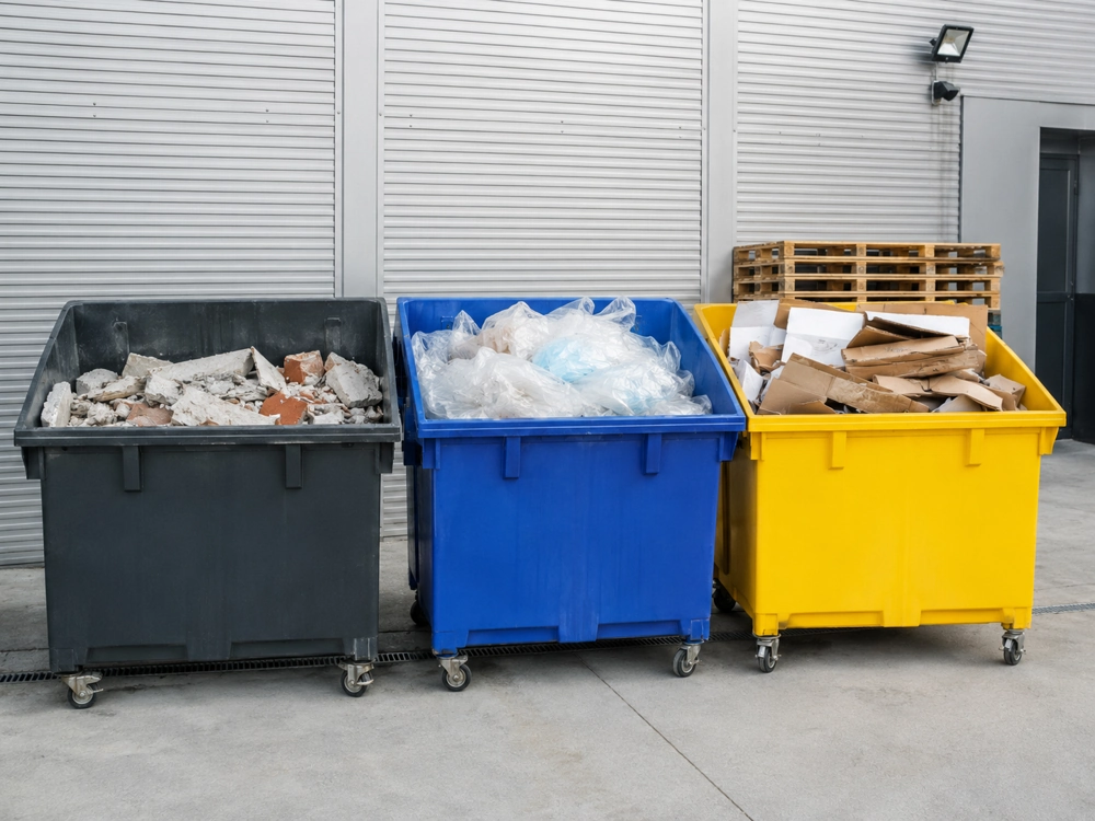 Trzy pojemniki na odpady budowlane, plastikowe folie i karton. Wynajem kontenerów na śmieci
