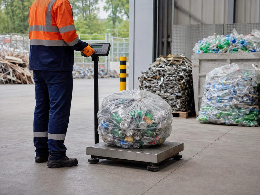 Pracownik waży duży worek plastikowych butelek i puszek na wadze przemysłowej – skup surowców wtórnych