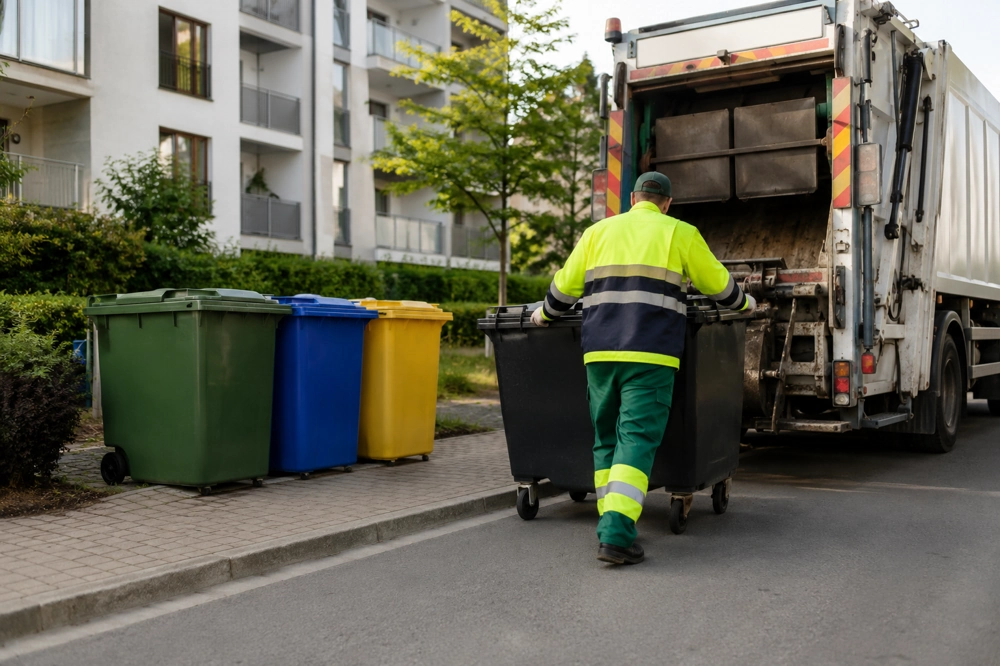 Pracownik wywozu odpadów komunalnych popycha czarny kontener obok zielonego, niebieskiego i żółtego pojemnika przy bloku mieszkalnym