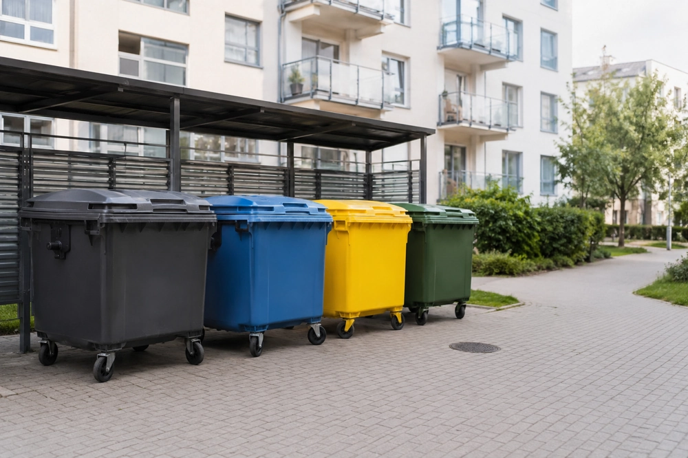 Rząd czarnych, niebieskich, żółtych i zielonych kontenerów na śmieci obok budynków mieszkalnych – wynajem kontenerów na śmieci